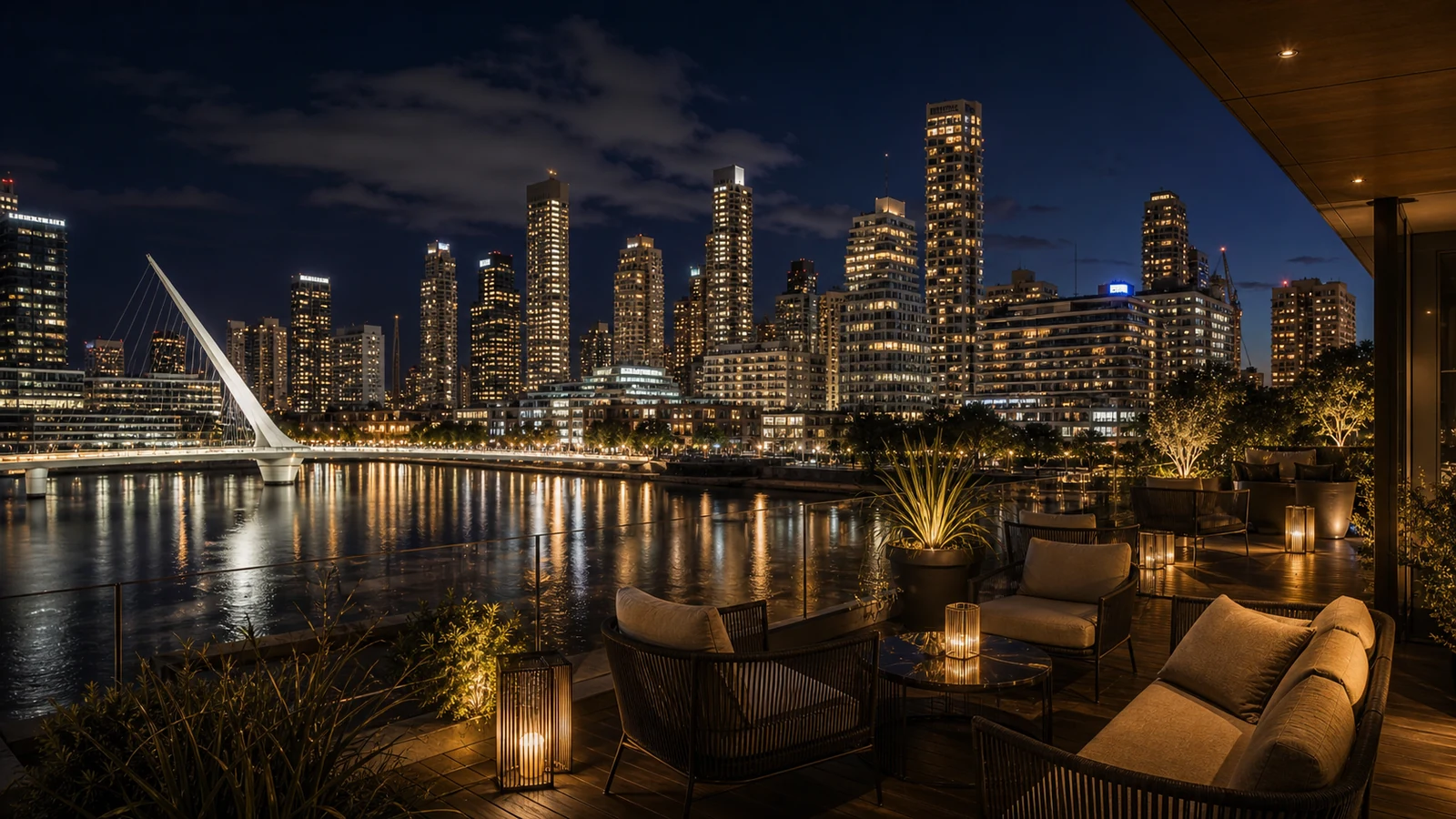 Vista nocturna elegante de Puerto Madero
