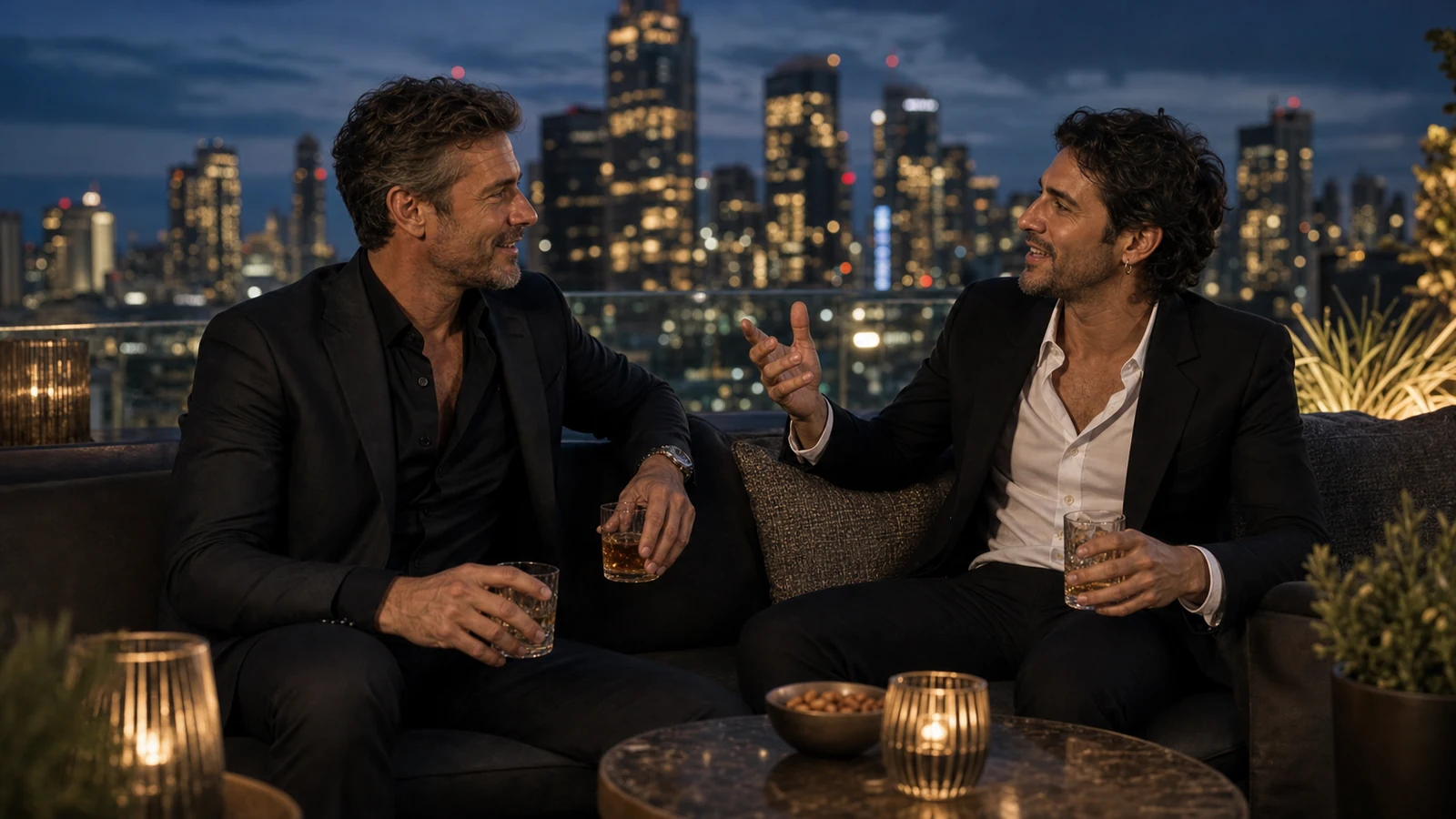 Dos hombres adultos conversando en un bar elegante de Buenos Aires