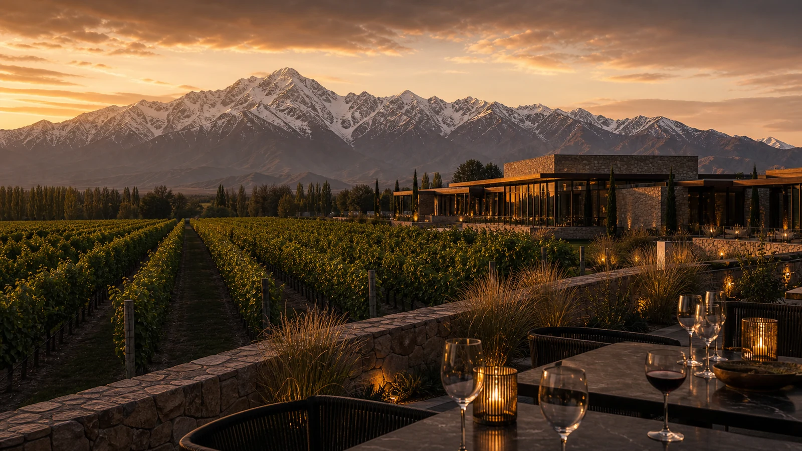 Bodega de lujo y viñedos frente a la cordillera
